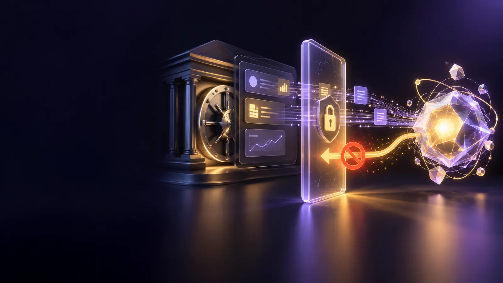 Illustration of a bank vault behind a glass security checkpoint that passes account data to an AI agent but stops a money transfer