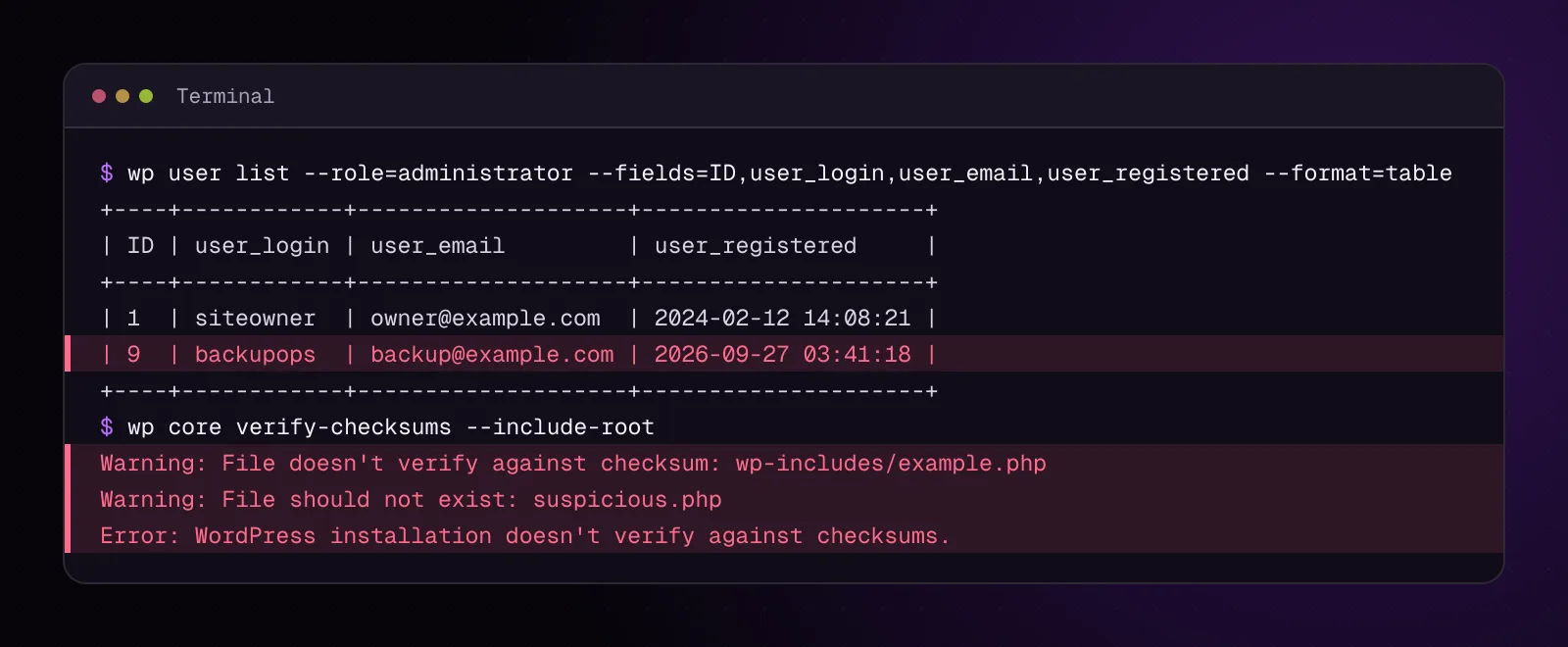 Terminal showing illustrative administrator listing and WordPress core checksum warnings for example.com