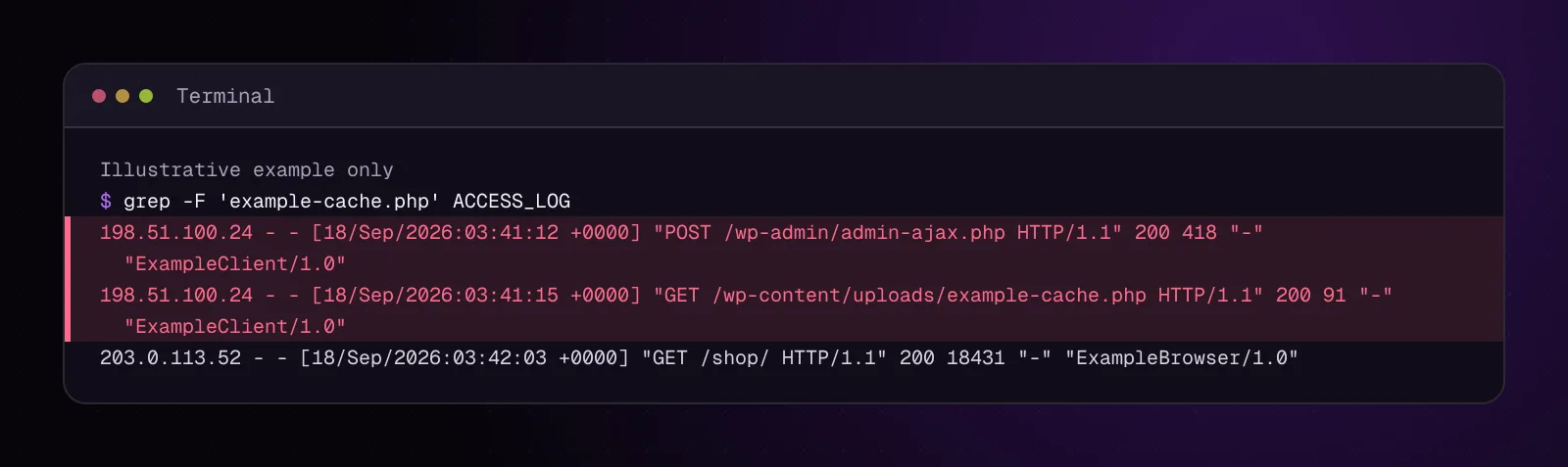 Illustrative access-log lines around suspicious POST and PHP requests on example.com