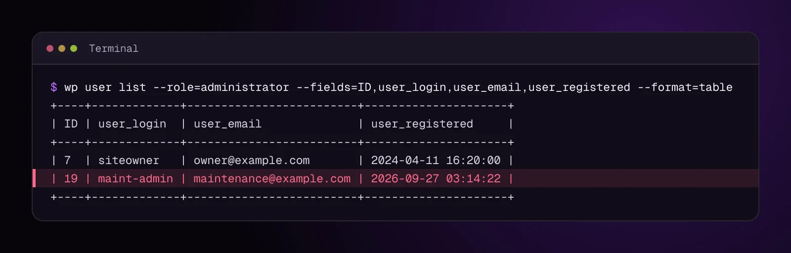 Illustrative WP-CLI table listing siteowner and maint-admin as administrators for example.com