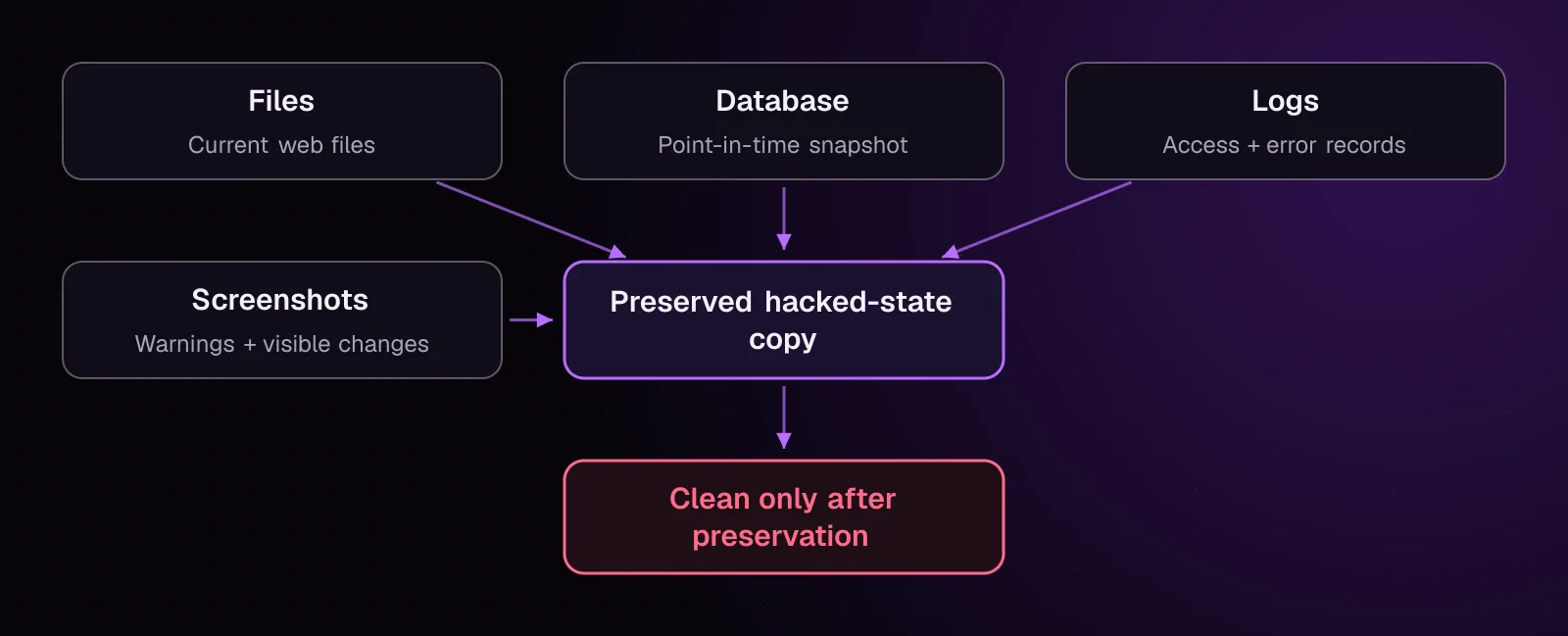 Four evidence groups labeled files, database, logs and screenshots feeding into a preserved evidence copy before cleanup