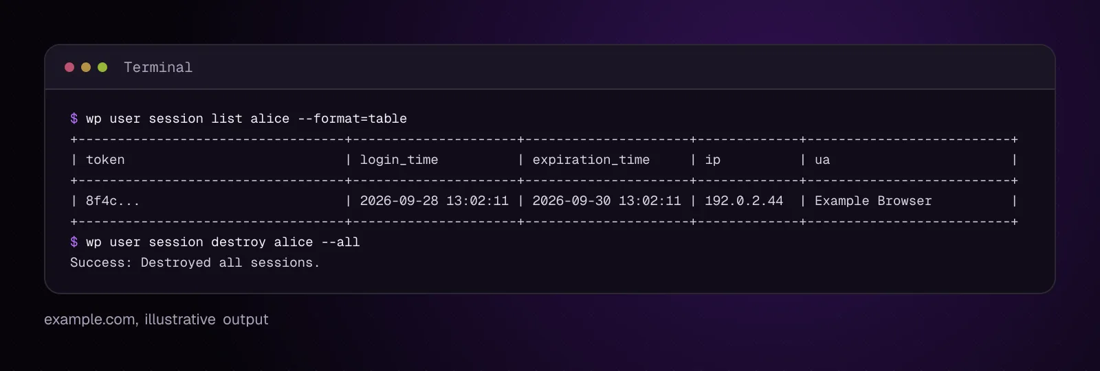 A terminal on example.com listing one illustrative alice session, then destroying all sessions for alice successfully