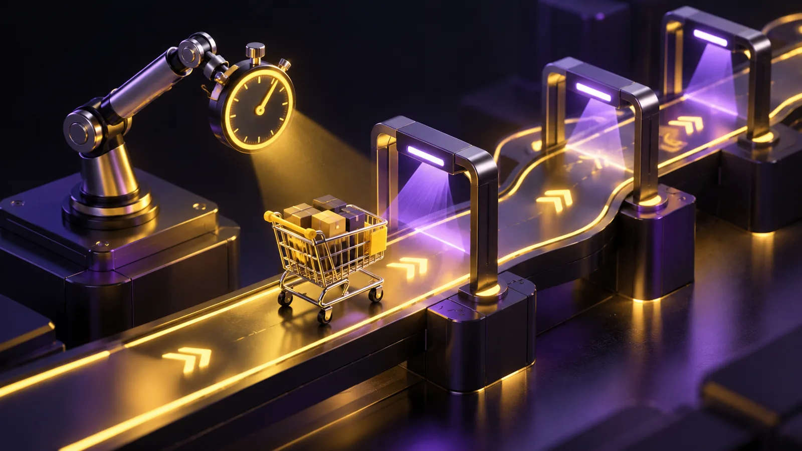 Miniature shopping cart on a glowing test track passing scanner gates while a robotic arm times it with a stopwatch