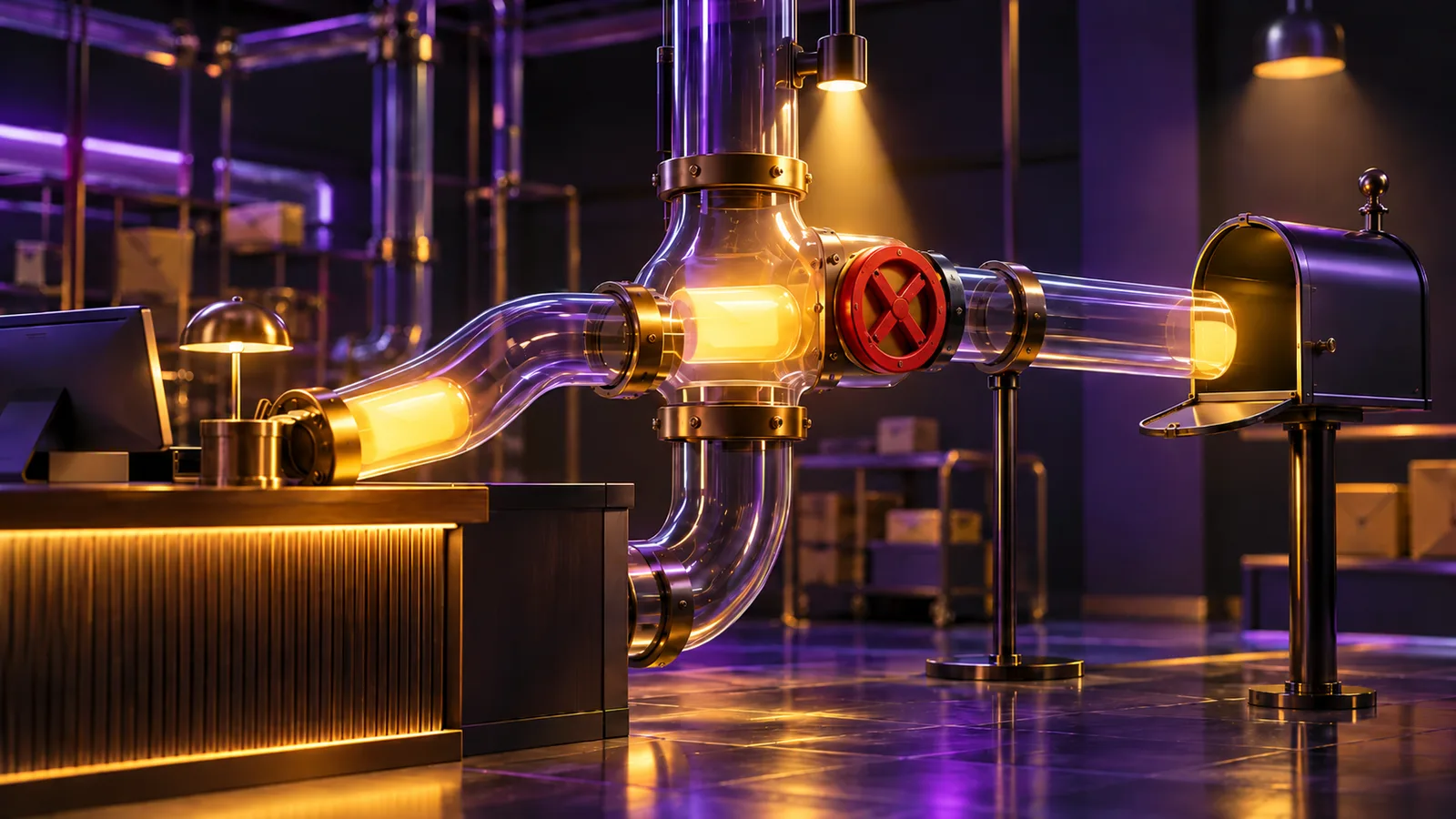 Glass tubes carrying glowing order capsules from a shop counter to a mailbox, stopped by a red valve at one junction