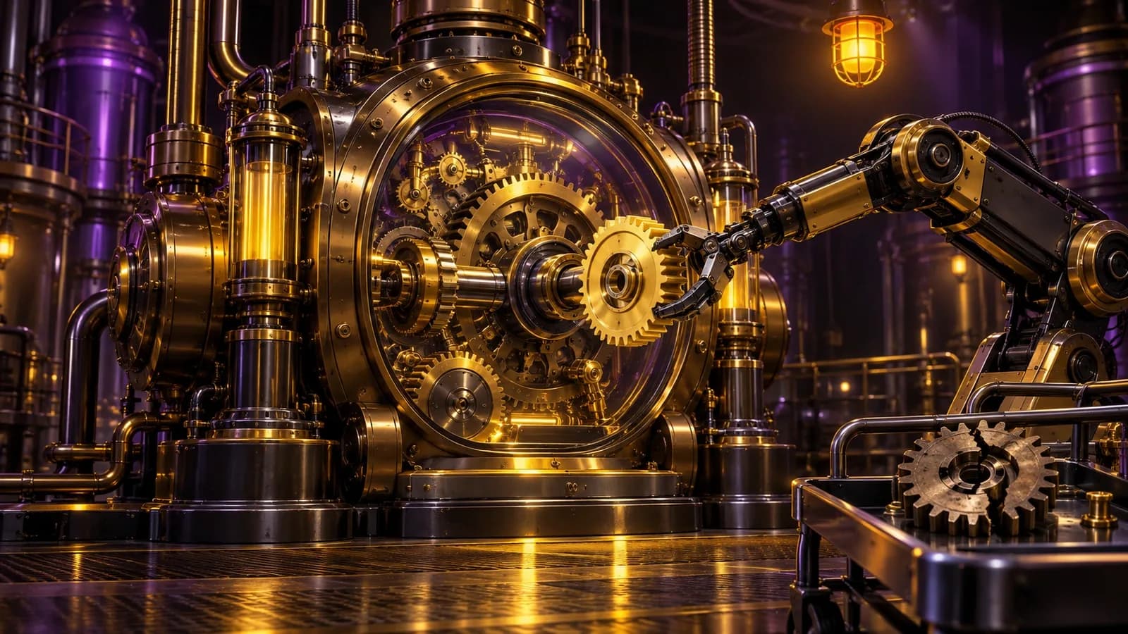 Robotic arm fitting a fresh gear into a brass engine while the cracked old gear sits on a tray under a warning lamp