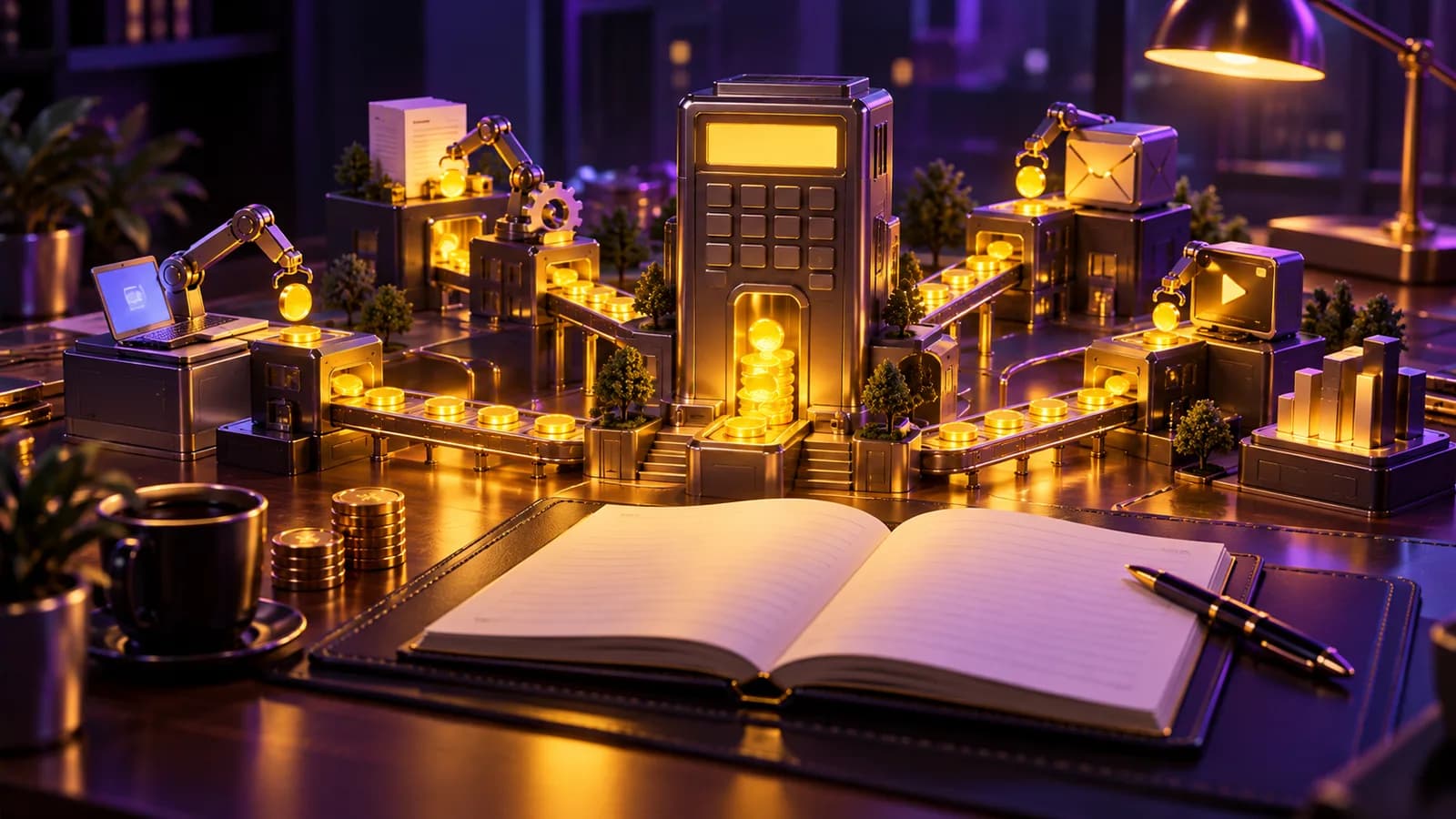 Miniature desk city where small machines feed glowing tokens into a calculator tower beside an open blank ledger
