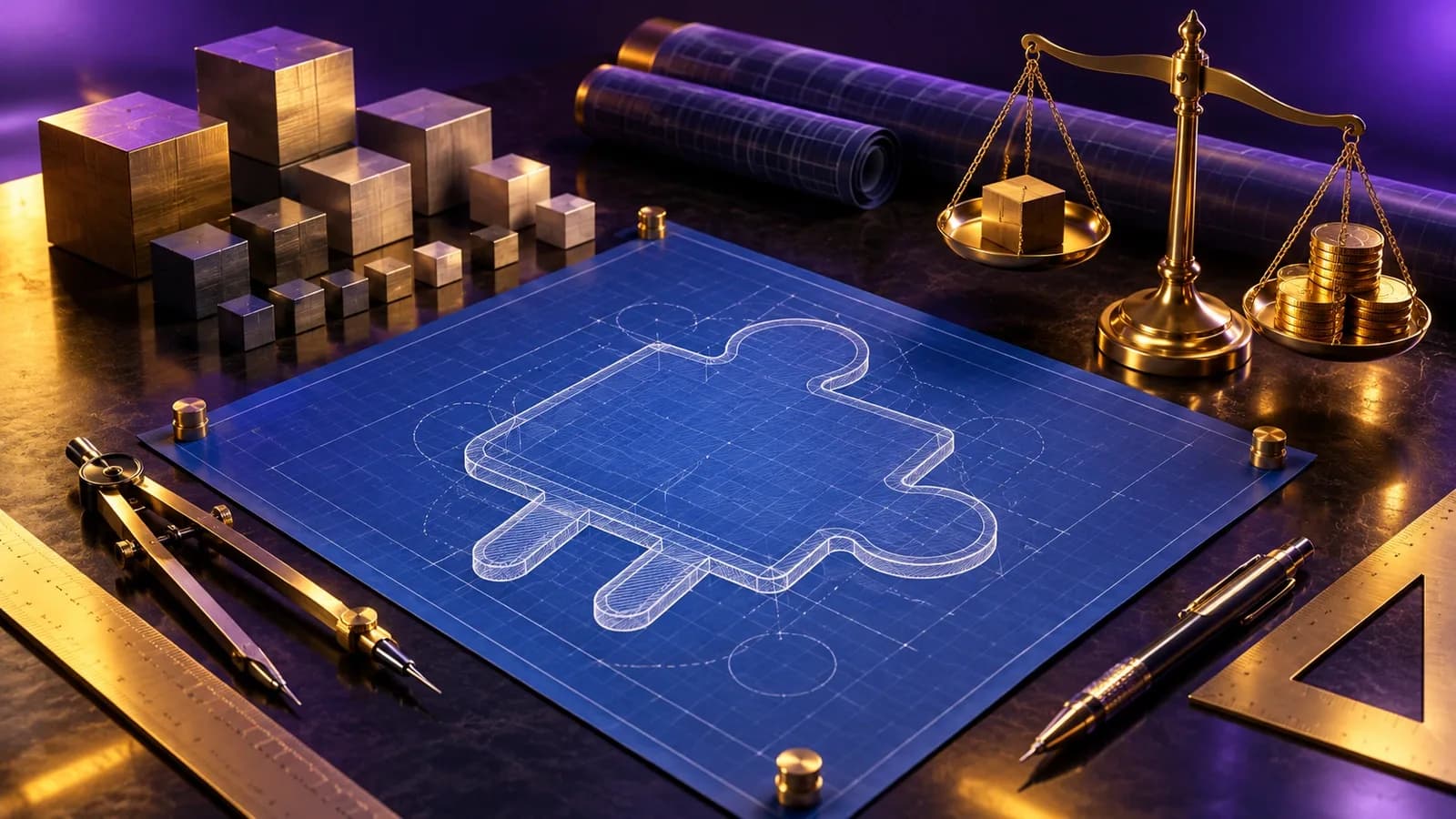 Plugin-shaped blueprint pinned on a drafting table beside sorted blocks and a brass scale weighing a block against coins