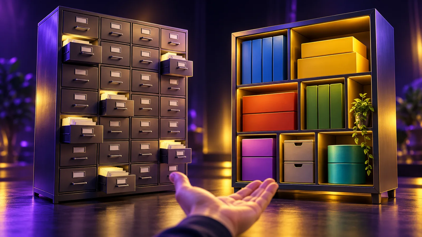 A hand weighing two storage units: a tall cabinet of identical card drawers and a custom shelf with fitted, colour-coded compartments.