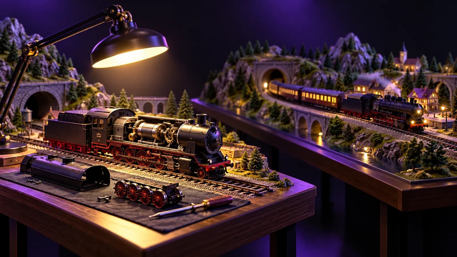 A model locomotive opened up for a new part on a lit test table, while an identical railway layout keeps running untouched behind it.