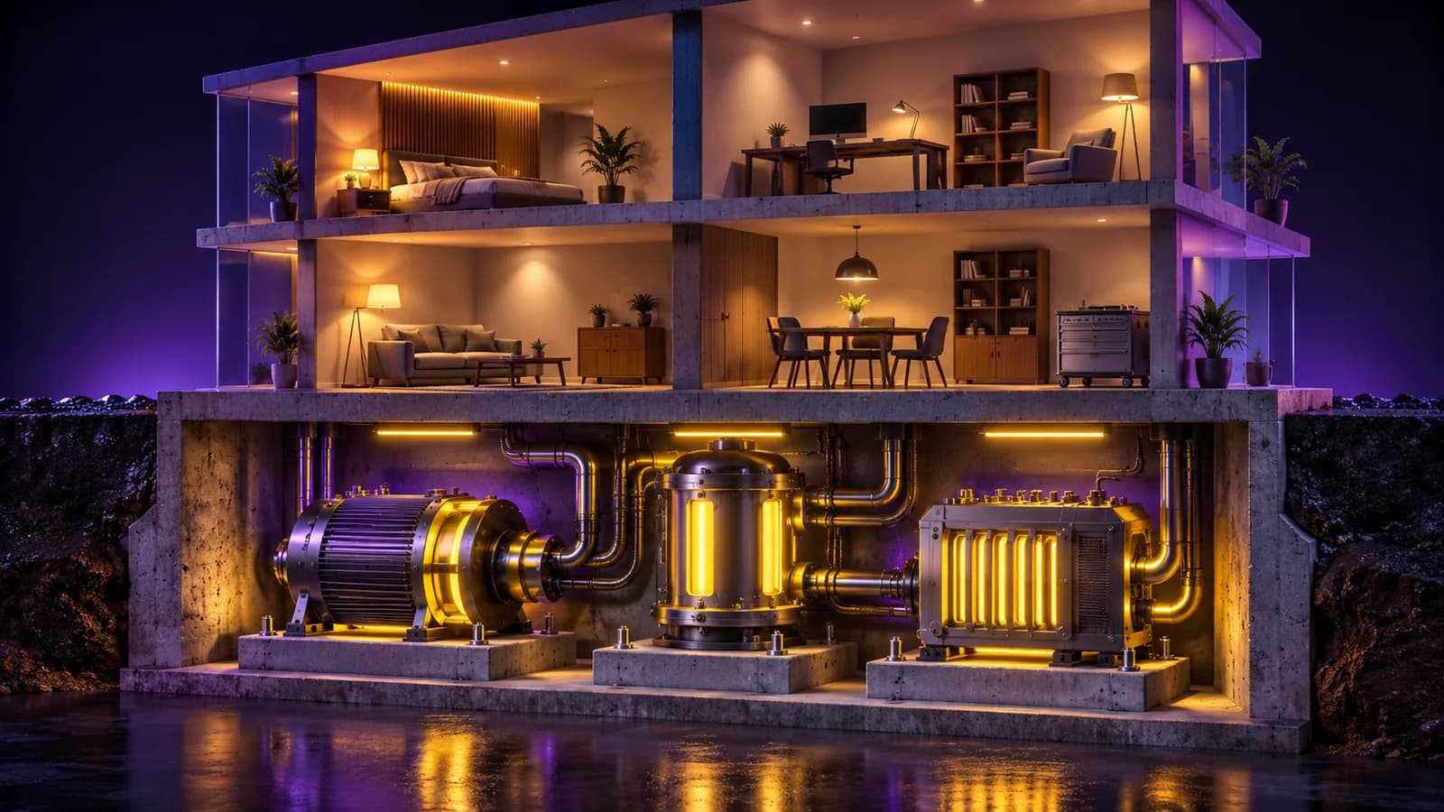 Cutaway building: glowing machines bolted into the concrete basement always run, while ordinary movable furniture fills the floors above.