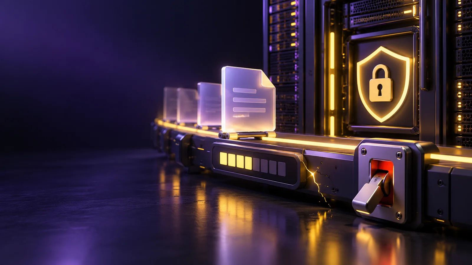 Illustration of files moving along a server upload rail past a progress meter, with a switch turned off and a shield lock on the server