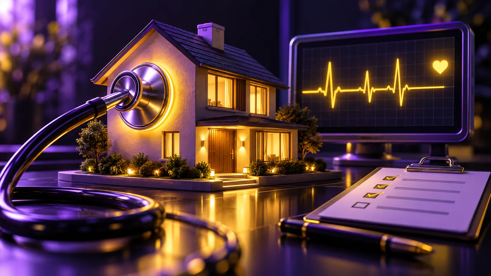 A stethoscope pressed to a small glowing model house, a heartbeat monitor beside it and a clipboard of deeper checks.