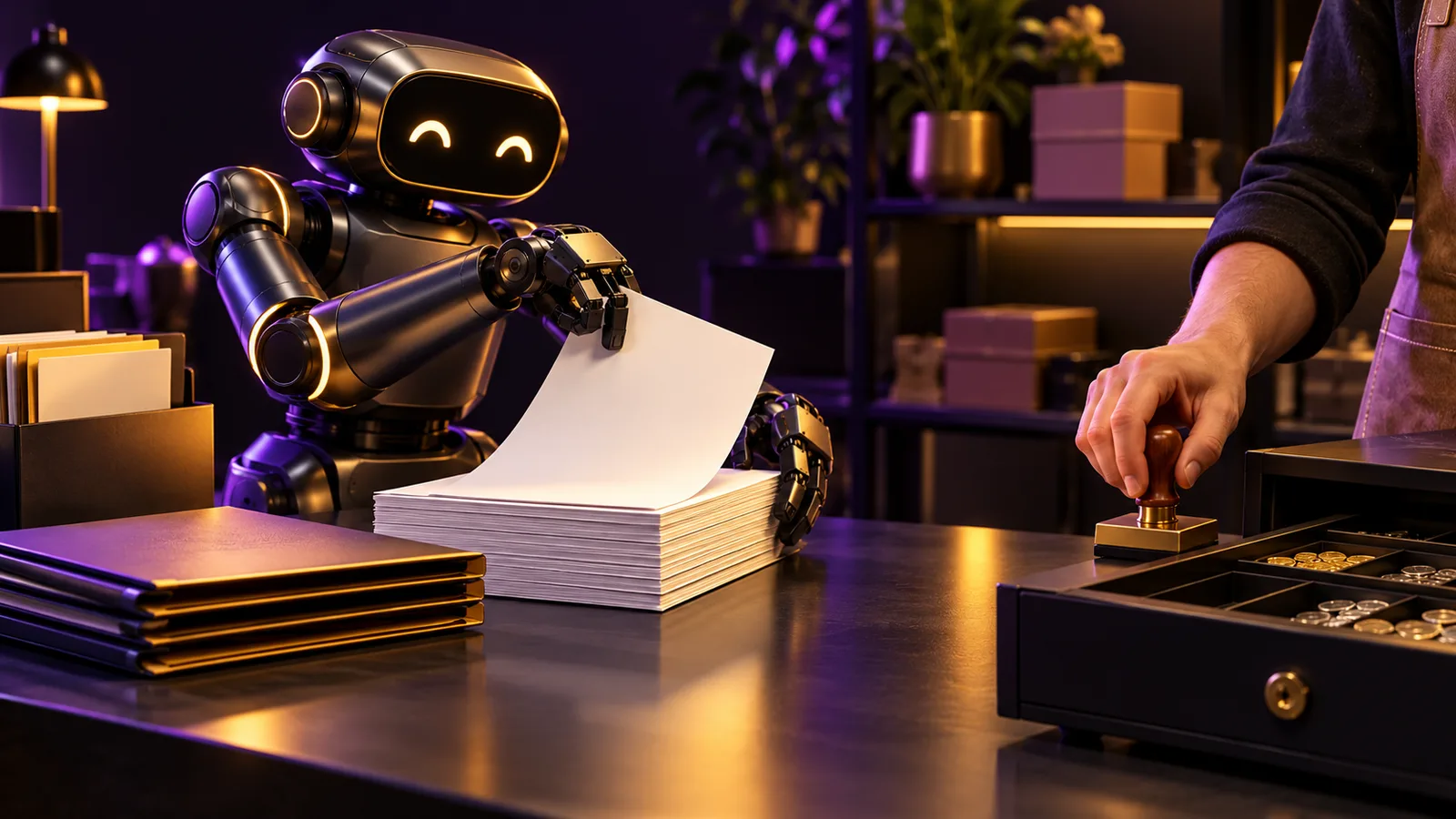 A friendly robot helper sorts one stack of paperwork at a shop counter while the shopkeeper's hand keeps the approval stamp and cash drawer.