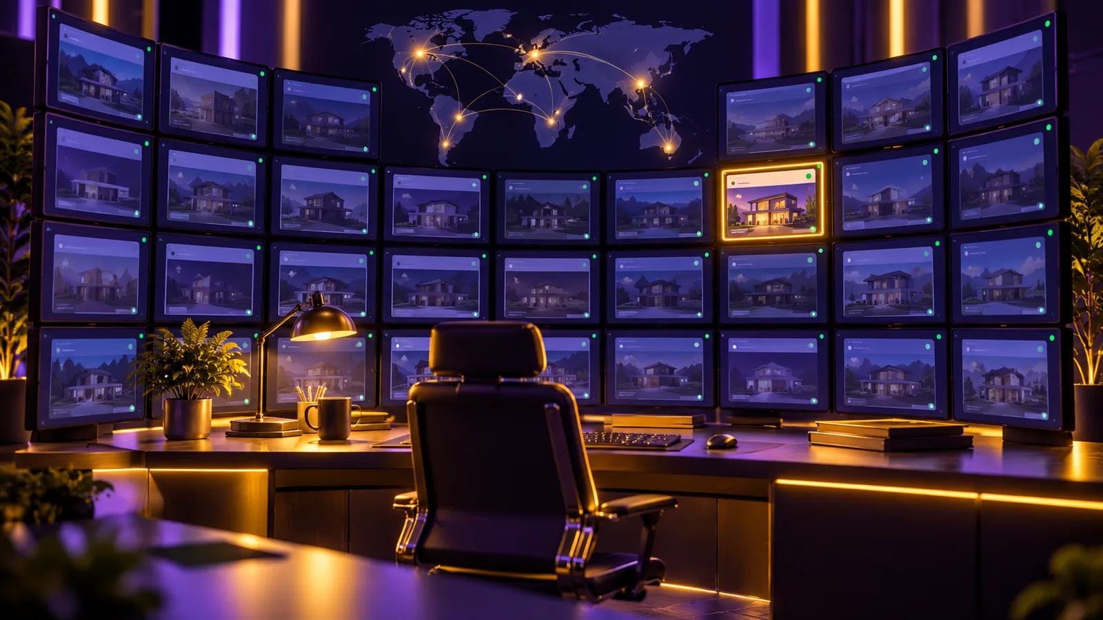 A calm control room wall of dim site screens with green status dots, one screen gently highlighted, an empty chair at the desk.