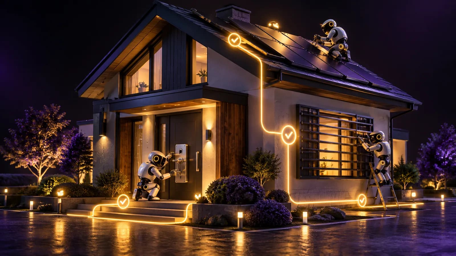 Small robots reinforce a house's door, window bars and roof in turn, following a glowing checklist path with ticks around the building.