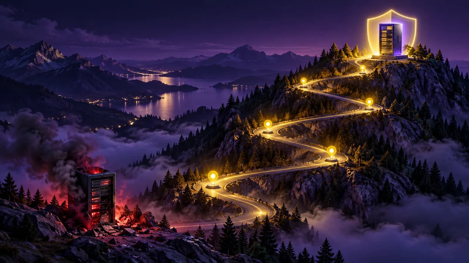 A mountain road climbing from a smoking server in the valley past five yellow beacons to a shielded server on the peak