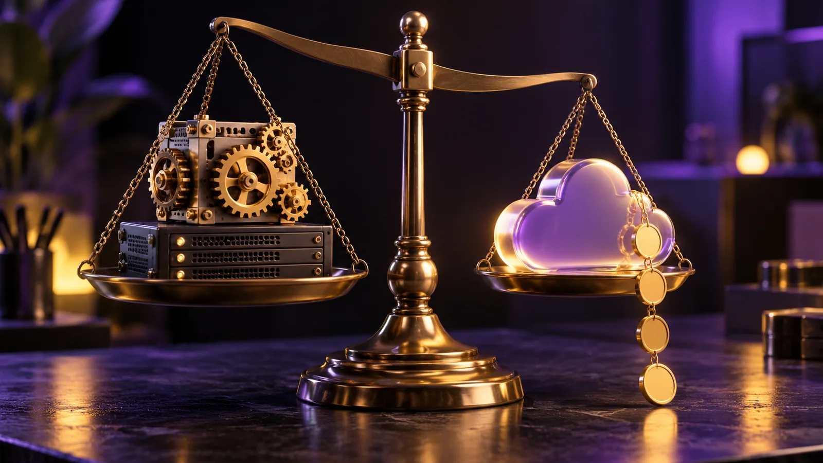 Brass balance scale weighing a gear-driven server block against a glowing cloud with a chain of subscription coins