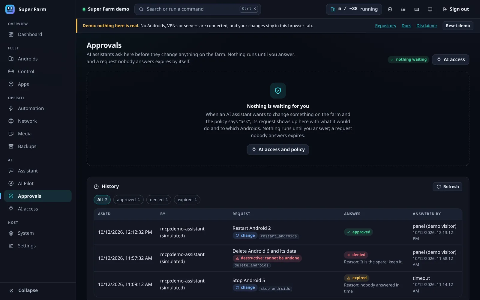 Super Farm approvals page with a history of approved, denied and expired requests from an assistant