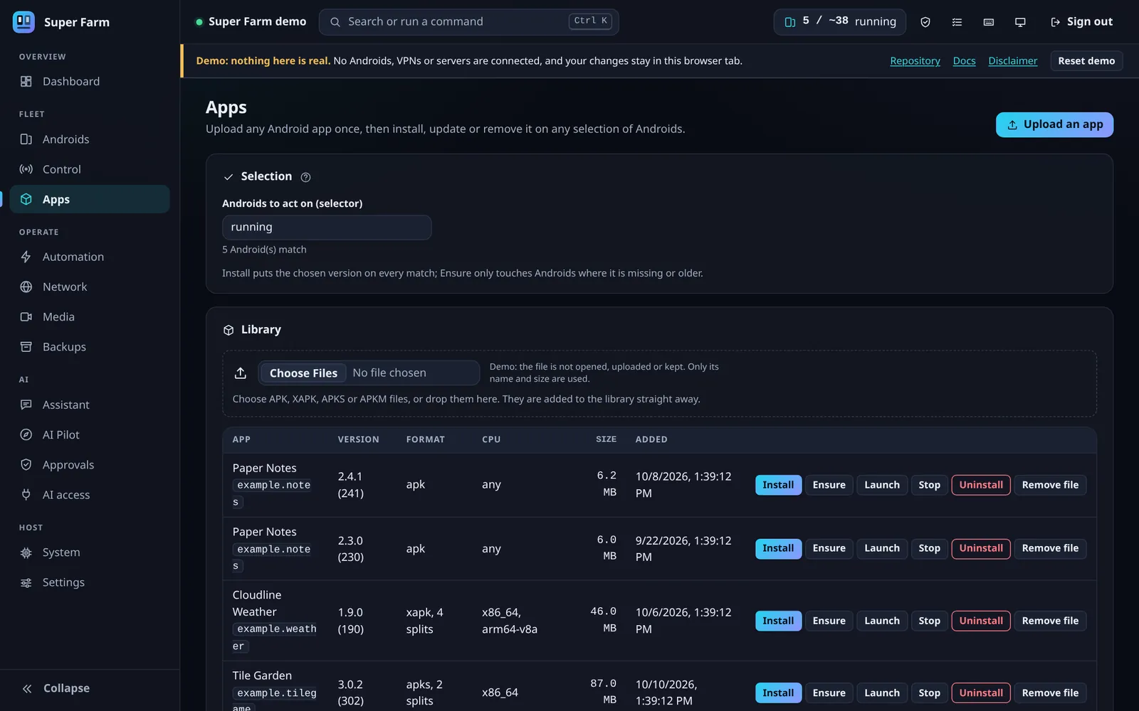 Super Farm apps page with the app library and a matrix of installed versions