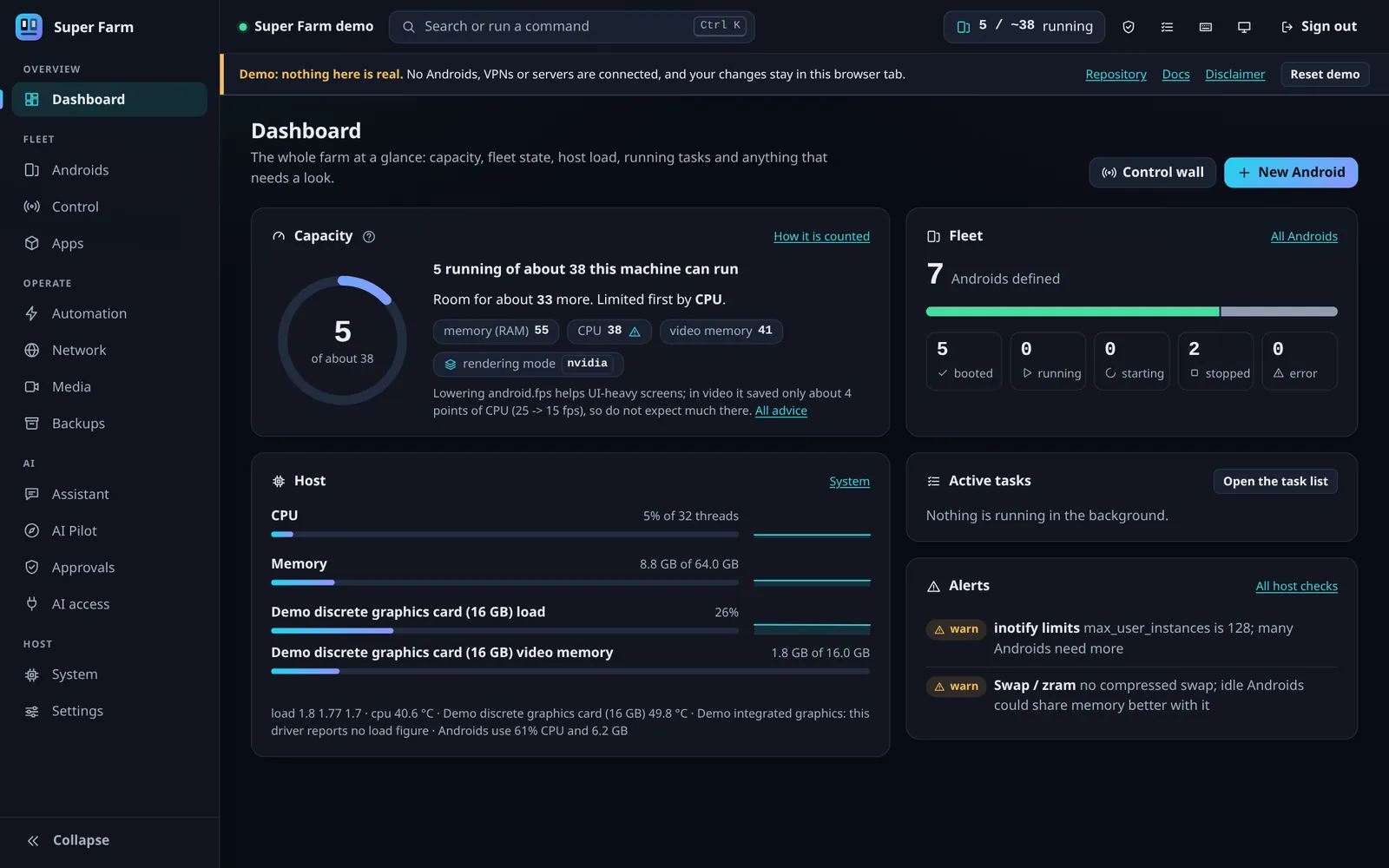 Super Farm dashboard with a capacity ring, fleet state, host load and alerts