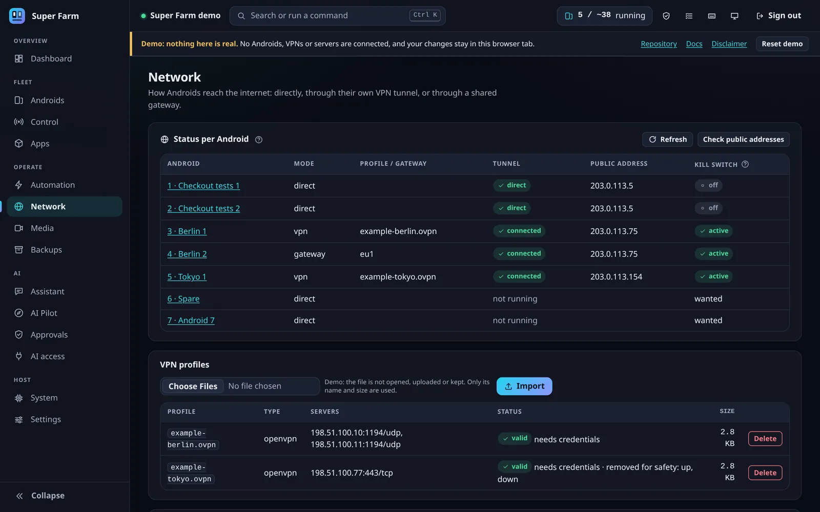 Super Farm network status table with mode, profile, tunnel, public address and kill switch for seven Androids