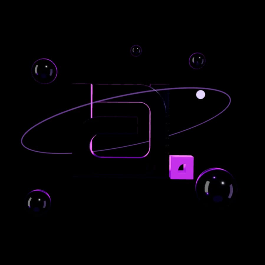 Three-dimensional render of the Hamza Ahmad Aslam monogram with floating spheres