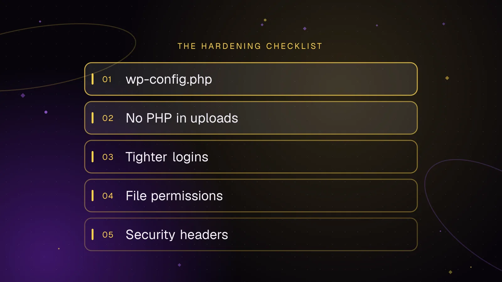 Diagram: layers from top to bottom, wp-config.php, No PHP in uploads, Tighter logins, File permissions, Security headers