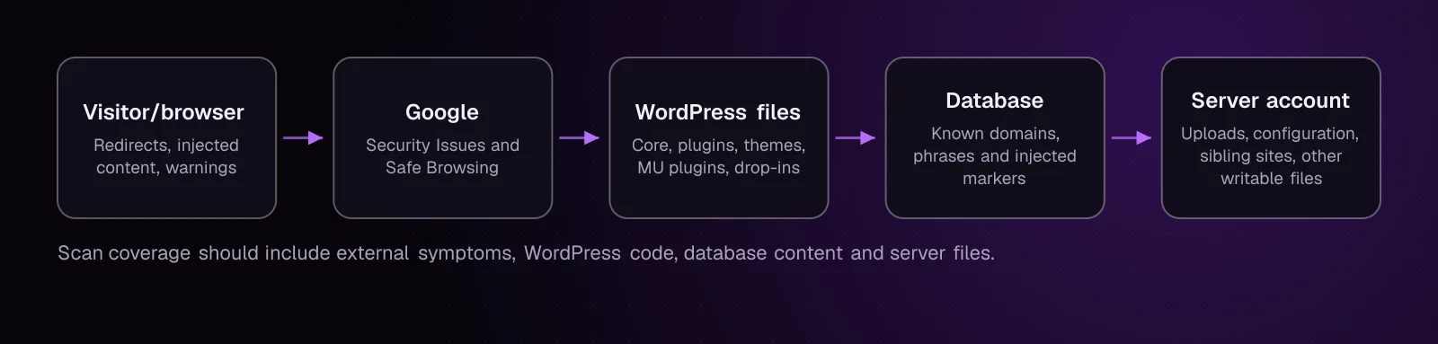 Areas to scan across the browser, Google, WordPress files, database and hosting account