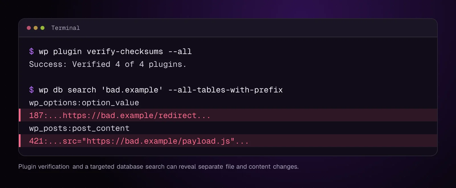 WP-CLI plugin checksum command and database search using the made-up domain bad.example