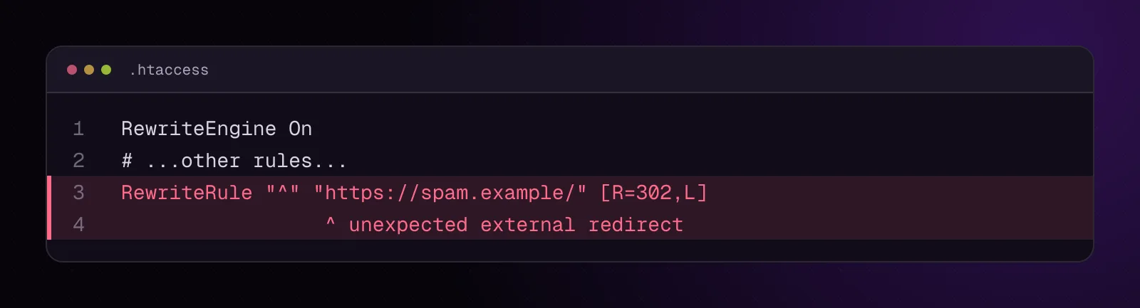 Shortened Apache configuration with an unexpected RewriteRule redirecting requests to spam.example