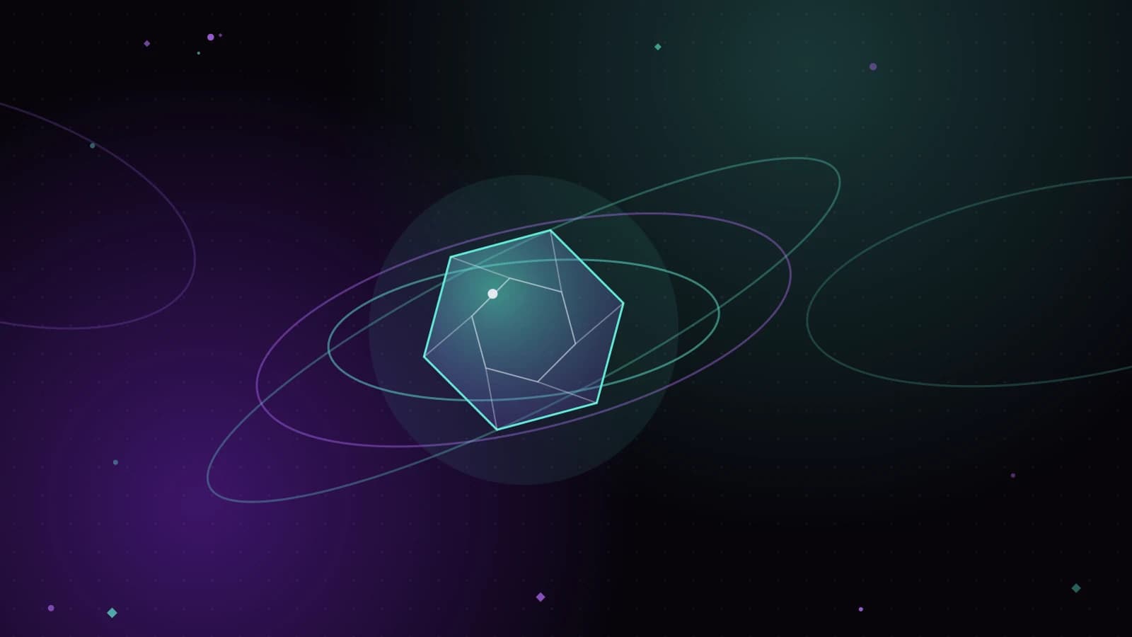 Abstract art: a glowing faceted shape inside tilted rings