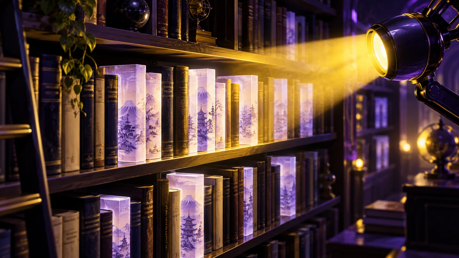 Library shelf of a site's books where glowing intruder volumes show up only under a search engine spotlight