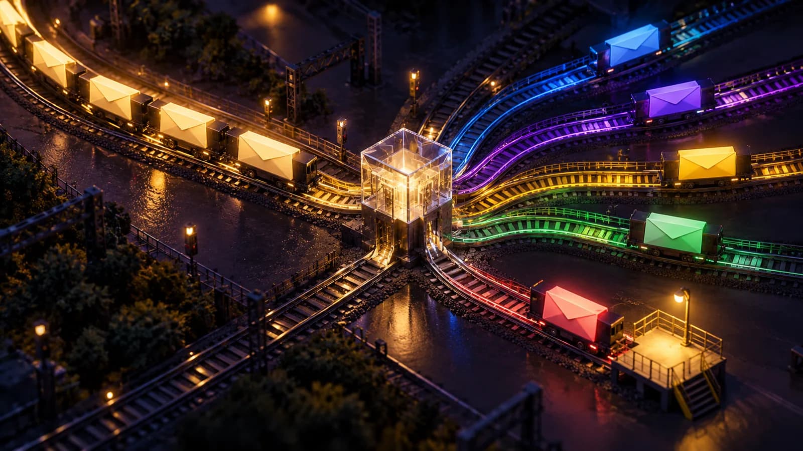 Miniature rail yard where a glowing glass signal box sends envelope wagons onto colored tracks, one to a lit review platform