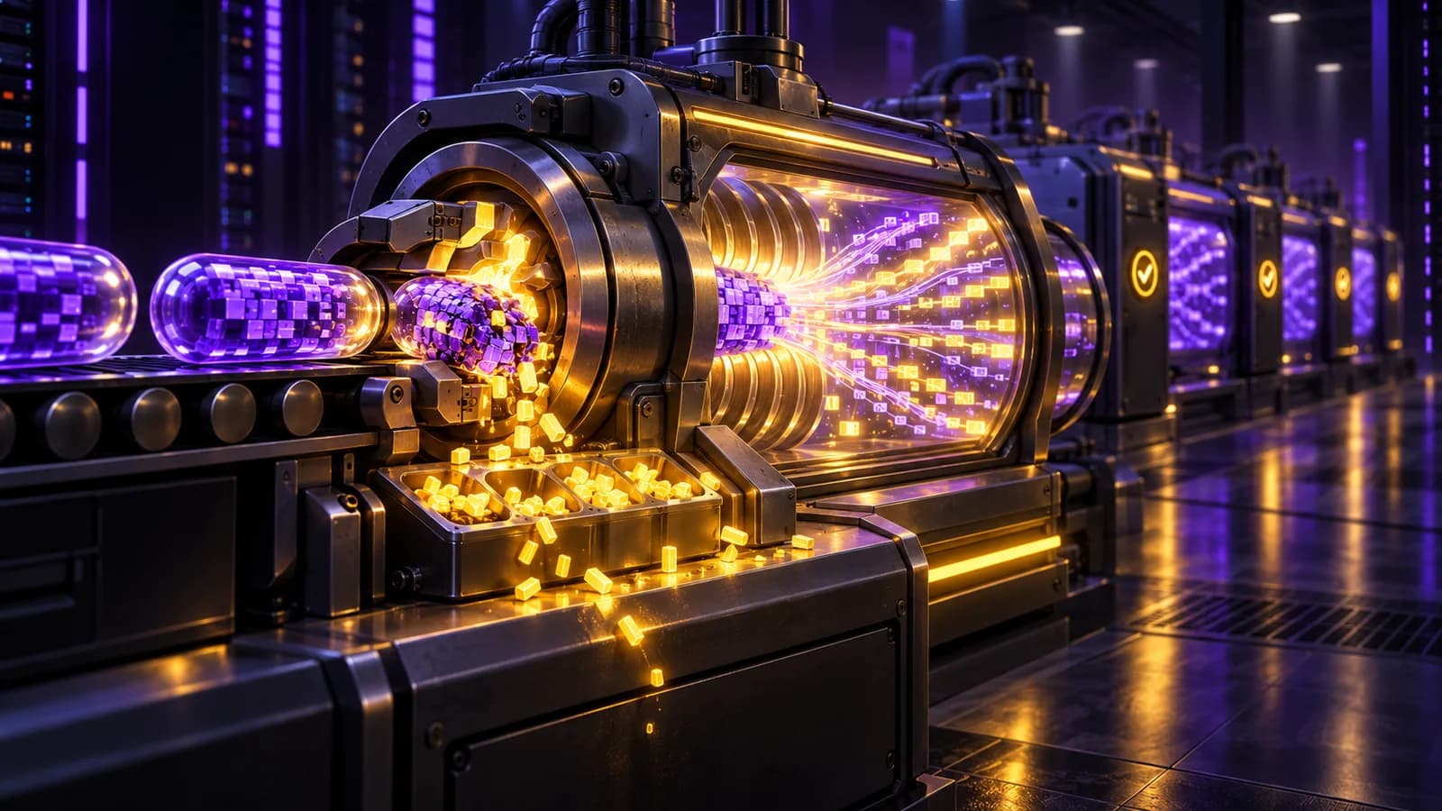 Decompressor machine jammed by a malformed data capsule, its small buffer tray overflowing with glowing bytes