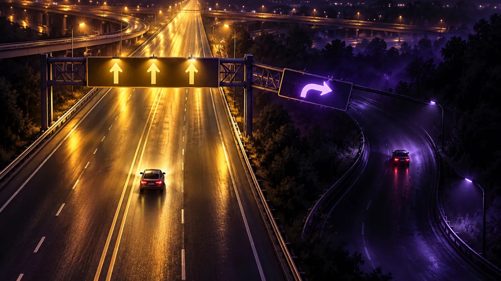 Night highway where a hijacked exit sign diverts a car onto a dark side road while the real road stays lit
